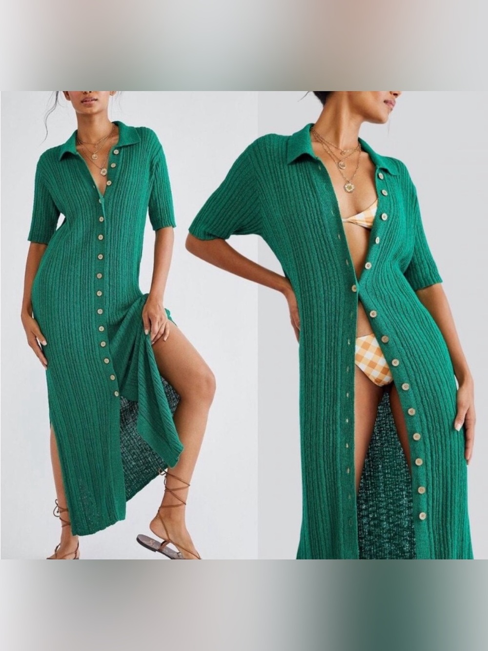 Free People Beach 🌊 Riding Waves Sweater Midi Dress 🌅 Green Emerald Wave Size XS - Picture 2 of 9